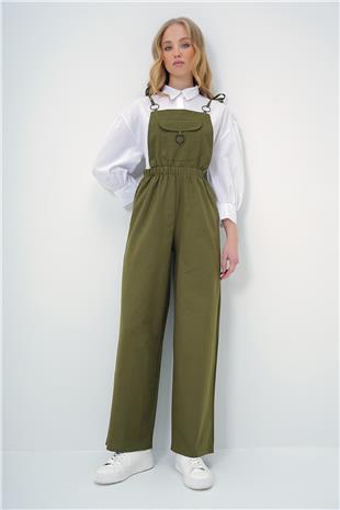 Kadın Haki Önü Cepli Askılı Halka Detaylı Aerobin Salopet Pantolon ALC-X13581