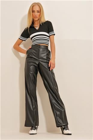 Kadın Siyah Önü Çimalı Çift Cepli Suni Deri Palazzo Pantolon ALC-X10787