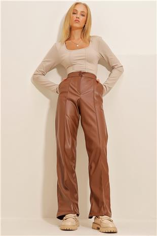 Kadın Taba Önü Çimalı Çift Cepli Suni Deri Palazzo Pantolon ALC-X10787