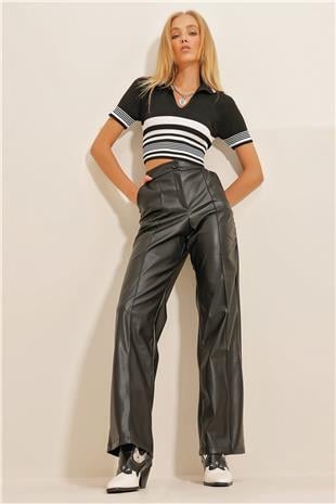 Kadın Siyah Önü Çimalı Çift Cepli Suni Deri Palazzo Pantolon ALC-X10787