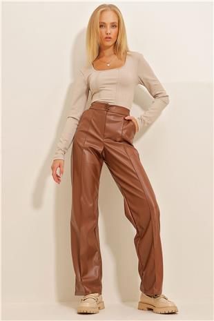 Kadın Taba Önü Çimalı Çift Cepli Suni Deri Palazzo Pantolon ALC-X10787