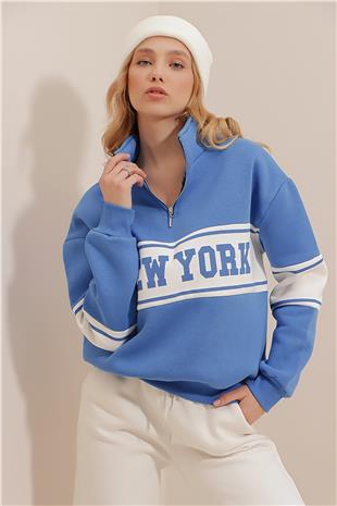 Önü Fermuar Detaylı Baskılı 3 İplik İçi Şardonlu Sweatshirt - Havacı Mavi