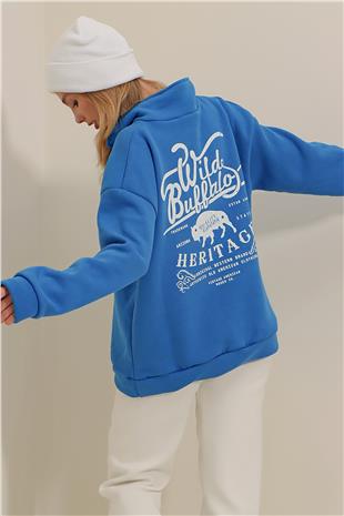 Önü Fermuarlı Baskılı İçi Şardonlu 3 İplik Oversize Sweatshirt - Mavi