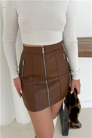 Kadın Kahverengi Önü Fermuarlı Cepli Suni Deri Mini Etek VS00898