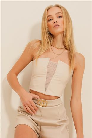 Kadın Bej Önü Tül Detaylı Sırtı Fermuarlı Crop Suni Deri Bustiyer ALC-X11200