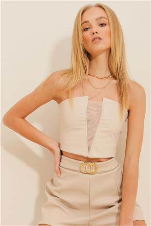 Kadın Bej Önü Tül Detaylı Sırtı Fermuarlı Crop Suni Deri Bustiyer ALC-X11200