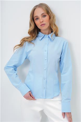 Kadın Mavi Önü Ve Arkası Pensli Belden Oturtmalı Poplin Gömlek ALC-X13505