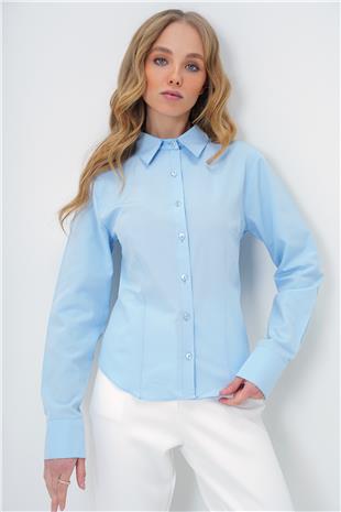 Kadın Mavi Önü Ve Arkası Pensli Belden Oturtmalı Poplin Gömlek ALC-X13505