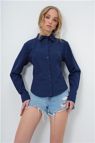 Kadın Lacivert Önü Ve Arkası Pensli Belden Oturtmalı Poplin Gömlek ALC-X13505
