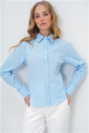Kadın Mavi Önü Ve Arkası Pensli Belden Oturtmalı Poplin Gömlek ALC-X13505