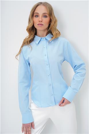 Kadın Mavi Önü Ve Arkası Pensli Belden Oturtmalı Poplin Gömlek ALC-X13505