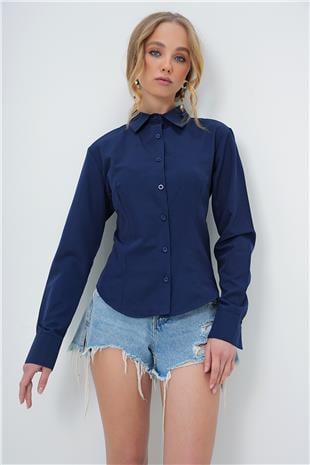 Kadın Lacivert Önü Ve Arkası Pensli Belden Oturtmalı Poplin Gömlek ALC-X13505