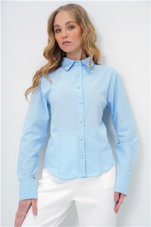 Kadın Mavi Önü Ve Arkası Pensli Belden Oturtmalı Poplin Gömlek ALC-X13505