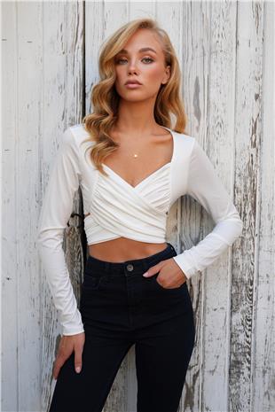 Kadın Beyaz Öpücük Yaka Belden Bağlamalı Drape Detaylı Sandy Bluz ALC-X14498