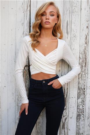 Kadın Beyaz Öpücük Yaka Belden Bağlamalı Drape Detaylı Sandy Bluz ALC-X14498