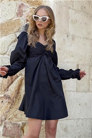 Kadın Siyah Öpücük Yaka Prenses Kol Fisto İşlemeli Mini Boy Elbise ALC-X8893