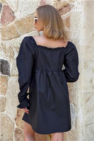 Kadın Siyah Öpücük Yaka Prenses Kol Fisto İşlemeli Mini Boy Elbise ALC-X8893