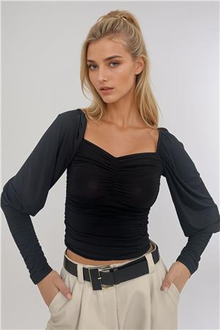Kadın Siyah Öpücük Yaka Prenses Kol Önü Drapeli Sandy Bluz ALC-X12966