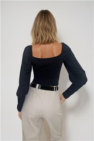 Kadın Siyah Öpücük Yaka Prenses Kol Önü Drapeli Sandy Bluz ALC-X12966