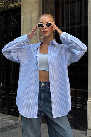 Kadın Mavi Oval Kesim Çizgili Overisze Gömlek VS00729