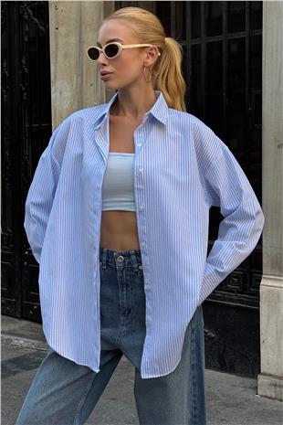 Kadın Mavi Oval Kesim Çizgili Overisze Gömlek VS00729