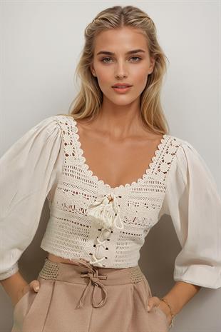 Kadın Ekru Oval Yaka Önü Bağcıklı Keten Bloklu Kroşe Bluz ALC-X9196