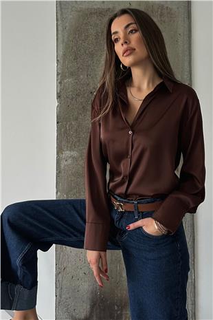 Kadın Kahverengi Oversize Basic Saten Gömlek VS01304