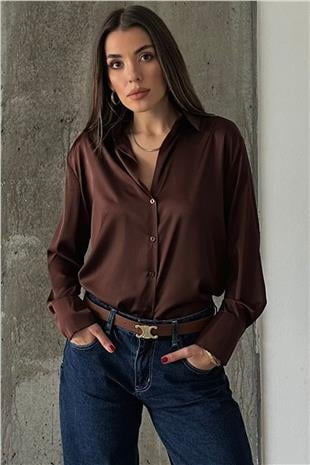 Kadın Kahverengi Oversize Basic Saten Gömlek VS01304