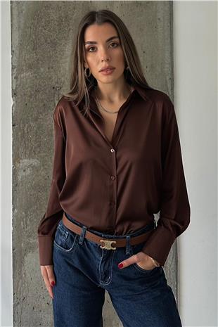 Kadın Kahverengi Oversize Basic Saten Gömlek VS01304
