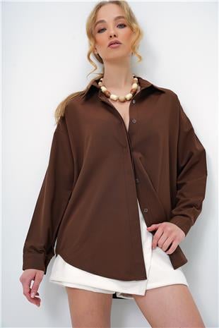 Kadın Acı Kahve Oversize Uzun Dokuma Gömlek ALC-X6828
