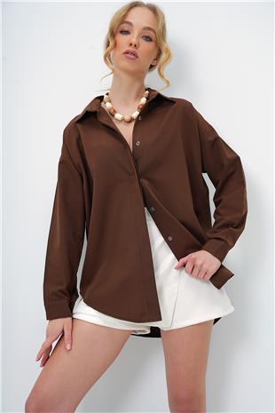 Kadın Acı Kahve Oversize Uzun Dokuma Gömlek ALC-X6828
