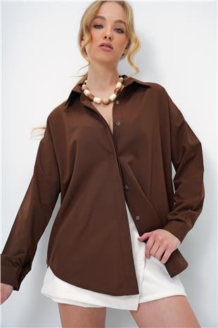 Kadın Acı Kahve Oversize Uzun Dokuma Gömlek ALC-X6828