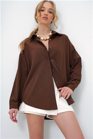 Kadın Acı Kahve Oversize Uzun Dokuma Gömlek ALC-X6828