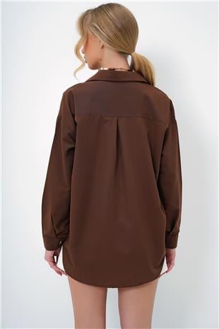 Kadın Acı Kahve Oversize Uzun Dokuma Gömlek ALC-X6828