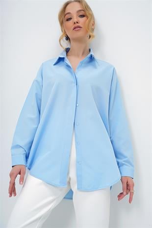 Kadın Bebe Mavi Oversize Uzun Dokuma Gömlek ALC-X6828