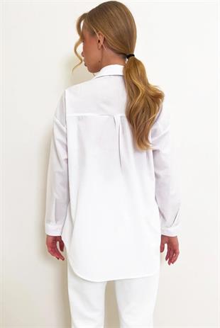 Kadın Beyaz Oversize Uzun Dokuma Gömlek ALC-X6828