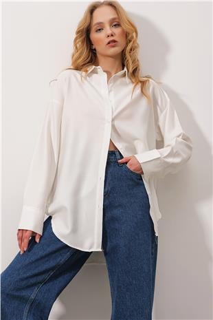 Kadın Ekru Oversize Uzun Dokuma Gömlek ALC-X6828