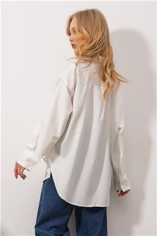 Kadın Ekru Oversize Uzun Dokuma Gömlek ALC-X6828