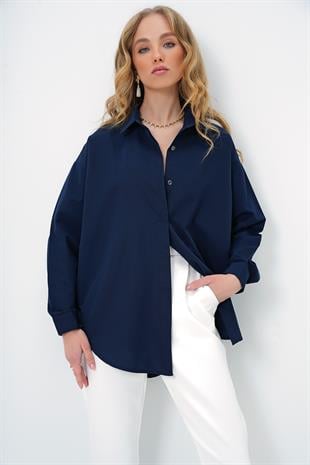 Kadın Lacivert Oversize Uzun Dokuma Gömlek ALC-X6828