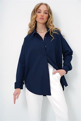 Kadın Lacivert Oversize Uzun Dokuma Gömlek ALC-X6828