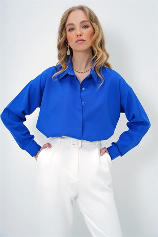 Kadın Saks Oversize Uzun Dokuma Gömlek ALC-X6828