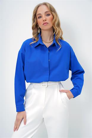 Kadın Saks Oversize Uzun Dokuma Gömlek ALC-X6828