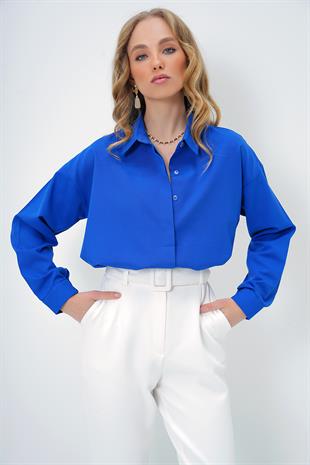Kadın Saks Oversize Uzun Dokuma Gömlek ALC-X6828