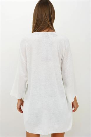 Kadın Ekru Oversize Uzun Triko Hırka VS00252