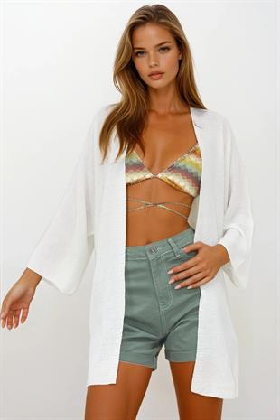 Kadın Ekru Oversize Uzun Triko Hırka VS00252