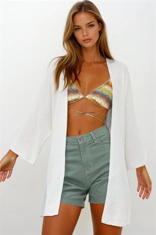 Kadın Ekru Oversize Uzun Triko Hırka VS00252