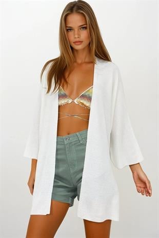 Kadın Ekru Oversize Uzun Triko Hırka VS00252