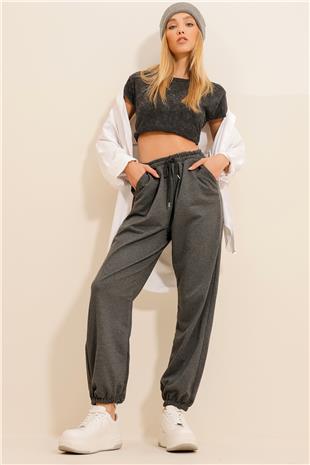 Kadın Antrasit Paçası Lastikli İki İplik Eşofman Altı ALC-Y2933