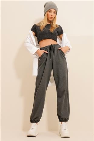 Kadın Antrasit Paçası Lastikli İki İplik Eşofman Altı ALC-Y2933