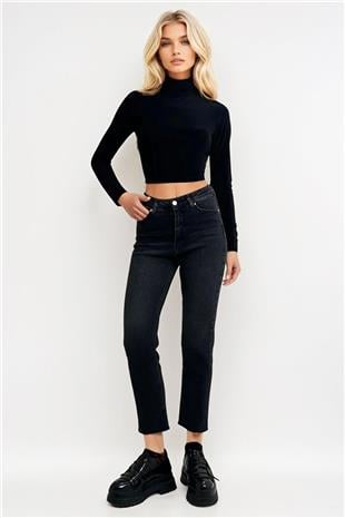 Kadın Siyah Paçası Püsküllü Slim Fit Jean Pantolon ALC-X13304